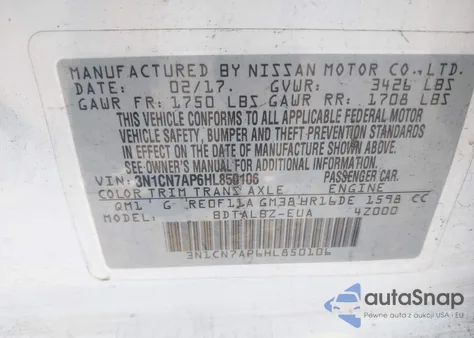 2017 Nissan Versa 1.6 Sv z USA, uszkodzony, nr VIN 3N1CN7AP6HL850106